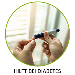 Zwei Hände und ein Blutzucker Pen in einem Kreis und Aufschrift 'Hilft bei Diabetes'