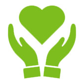 Grüne schemenhafte Zeichnung von zwei Händen die ein Herz in die Luft halten