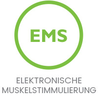 EMS in grüner Schrift in einem grünen Kreis, darunter die Aufschrift 'Elektronische Muskelstimulierung'