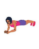 Zeichnung einer Frau in Plank Position in pinkem Top und violetter kurzer Trainingshose