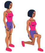 Zeichnung einer Frau die in zwei Positionen einen Ausfallschritt vorzeigt in pinkem Top und violetter kurzer Trainingshose
