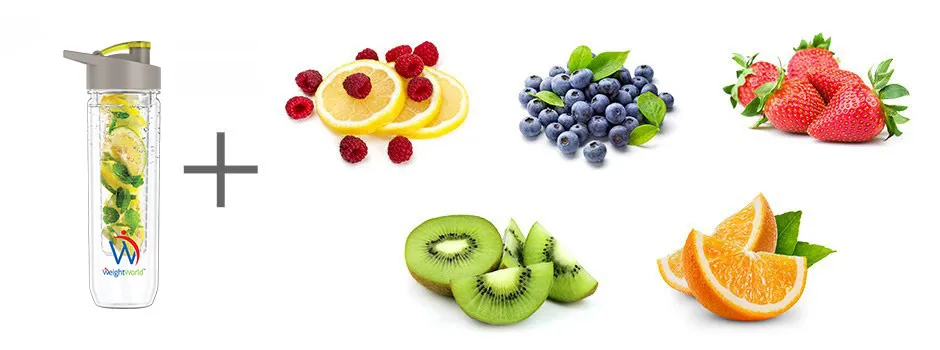 Fruit Infuser Flasche und fünf verschiedene Obstsorten auf weißem Hintergrund