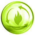 Grüne Blase mit grün gezeichneter Flamme und gezeichneten Pfeilen in der Mitte