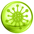 Grüne Blase mit einem grün gezeichneten Zeichen für Virus in der Mitte