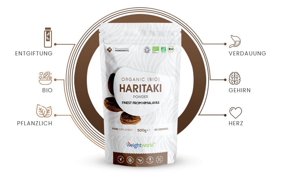 Front view of weightworlds bio haritaki powder packet