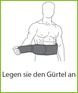 Schemenhafte Zeichnung eines muskulösen Mannes mit Bauchmuskelgürtel schwarz-weiß mit ”Legen Sie den Gürtel an” Beschriftung