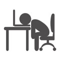 Piktogramm von jemanden der müde auf dem Bürostuhl sitzt und den Kopf auf der Laptoptastatur liegen hat