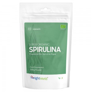 WeightWorld Super Organic Spirulinapulver Produktverpackung mit Farbklecksen