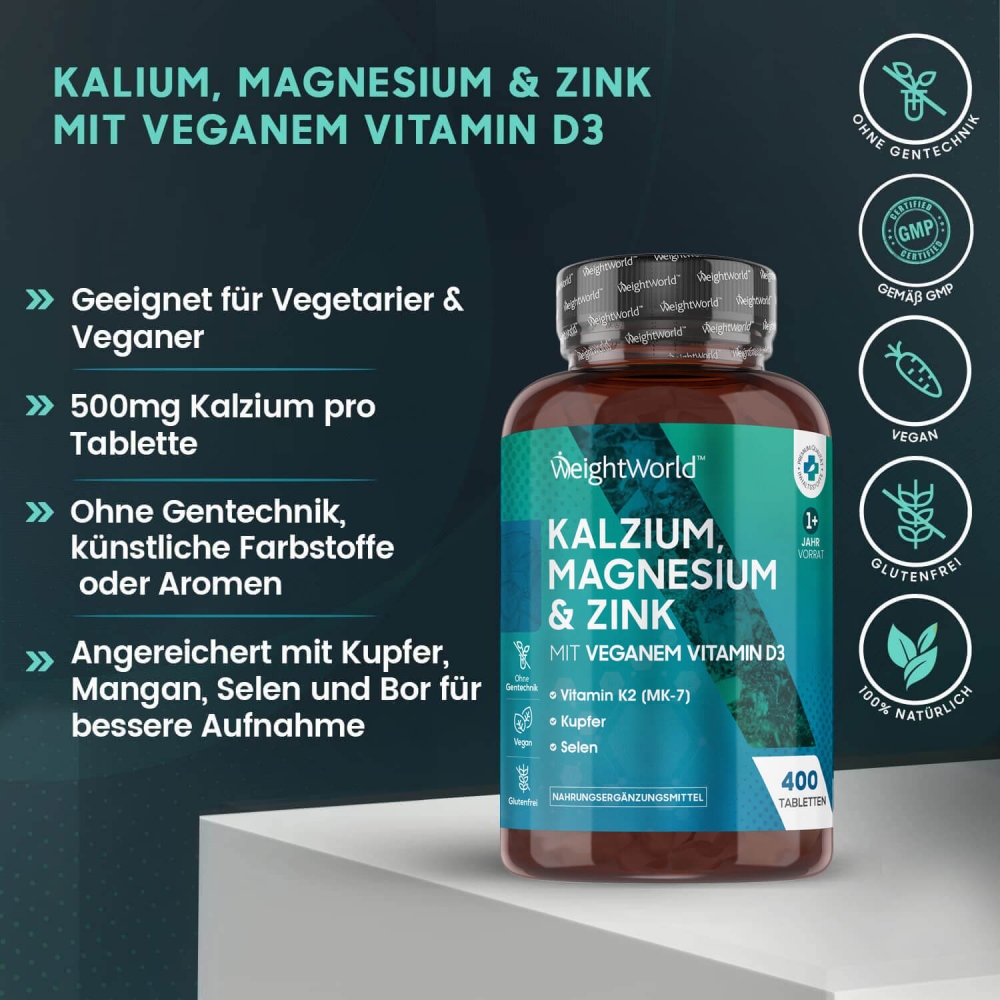 Kalzium, Magnesium und Zink mit Vitamin D3 Wohlbefinden WeightWorld