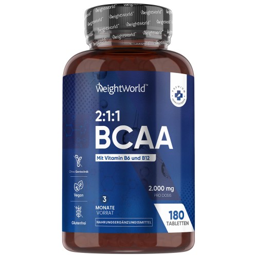 BCAA für den Muskelaufbau  180 Kapseln - 2.000 mg pro Dosis - Vorrat für 3 Monate  BCAA Kapseln mit Vitamin B6 und B12  Online bestellen