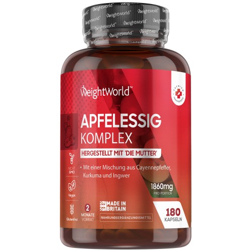 Apfelessig Komplex - 1860 mg Apfelessig - Mit Ingwer, Kurkuma & Cayenne - 180 vegane Kapseln