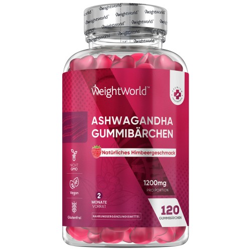 Ashwagandha 120 Gummibärchen 1200 mg Vegane  Nahrungsergänzung mit Himmbeergeschmack für Wohlbefinden und Müdigkeit