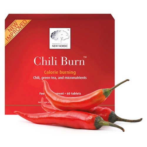 New Nordic Chili Burn 60 Tabletten Packung mit Chilis im Vordergrund