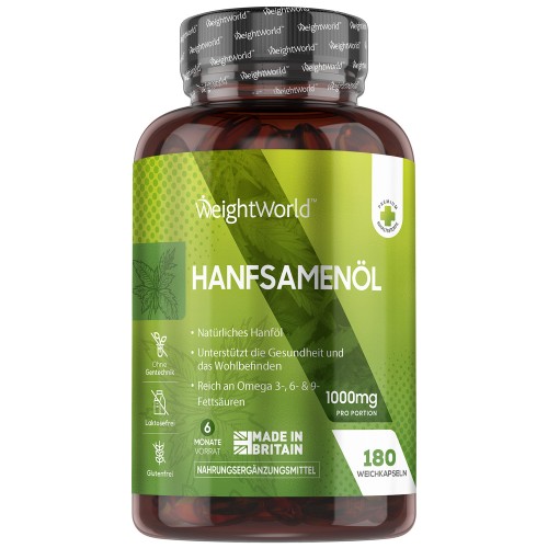 Hanfsamenöl Softgels - 1000mg 180 Softgel Kapseln - Natürliche Nahrungsergänzung mit Omega 3, 6 & 9.