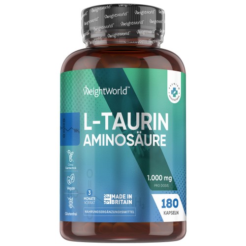 Taurin für mehr Energie und Leistung  180 Kapseln  Je 1.000 mg L-Taurin pro Dosis  Vegan und glutenfrei  online bestellen