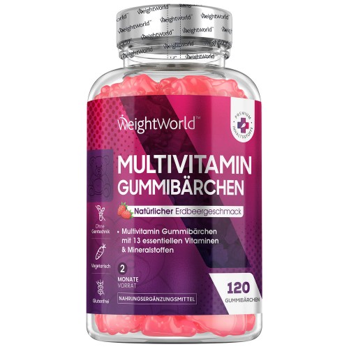 Multivitamin Gummis - 120 Fruchtgummis - Erdbeergeschmack - Multivitamin Komplex mit 14 wichtigen Vitaminen und Mineralien - 4- Monatspackung