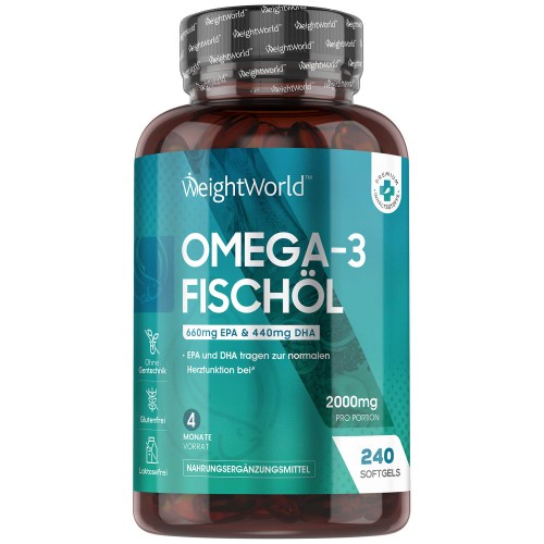 Omega-3 Premium Qualität Fischöl - 2000 mg 240 weich Kapseln - 660 mg EPA + 440 mg DHA - Natürliche Steigerung des Wohlbefindens - Leicht