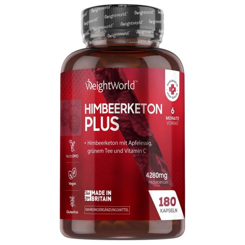 Himbeerketon Kapseln Plus - 1000mg, 180 Kapseln - Raspberry Ketone mit Apfelessig, grüner Tee & Vitamin C