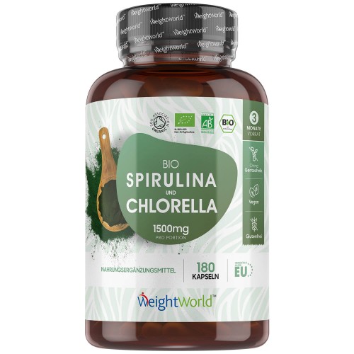Bio Spirulina und Chlorella - 1500 mg 180 Kapseln - Natürliche Ergänzung für ganzheitliches Wohlbefinden & Energie