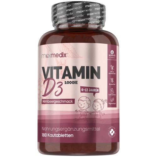 Vitamin D3 Kautabletten Für Kinder - Hochdosiert 1000 IU, 180 Stk. - Himbeergeschmack -  Vitamine D Tabletten für Knochen