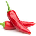 Zwei rote Chilli Schoten mit grünem Stil auf weißem Hintergrund Zwei rote Chilli Schoten mit grünem Stil auf weißem Hintergrund